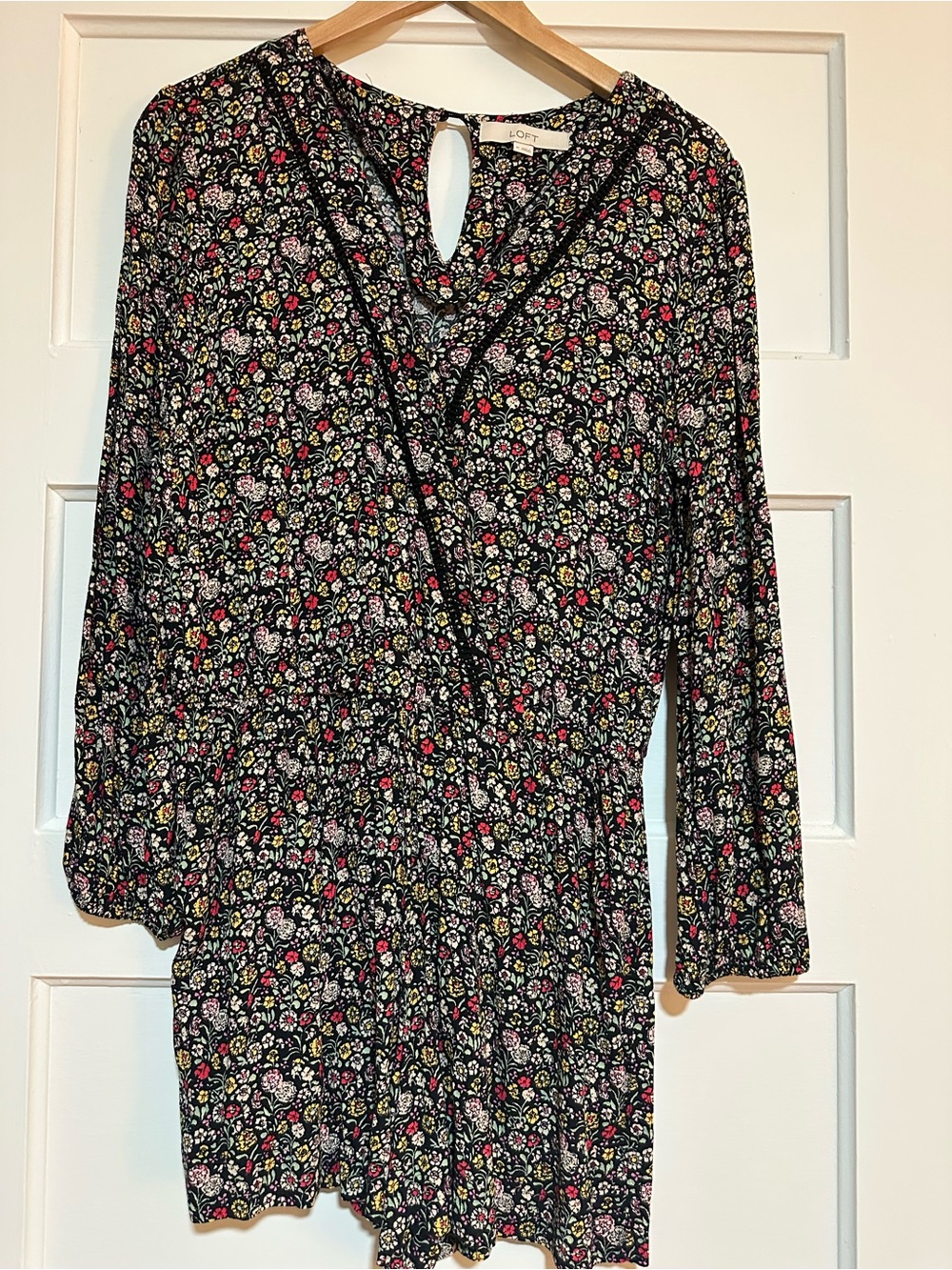 LOFT Black Floral Long-Sleeve Floral Romper